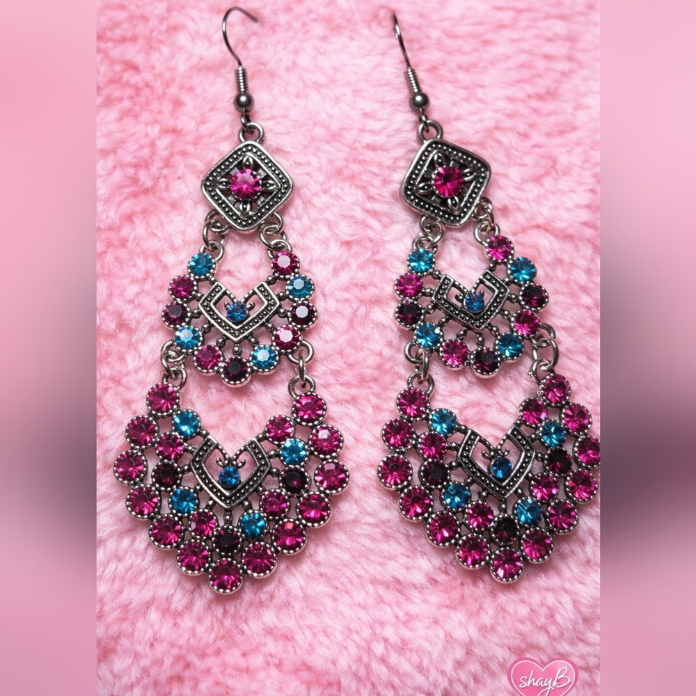 Sparkly Pink And Blue Chandelir Earrings